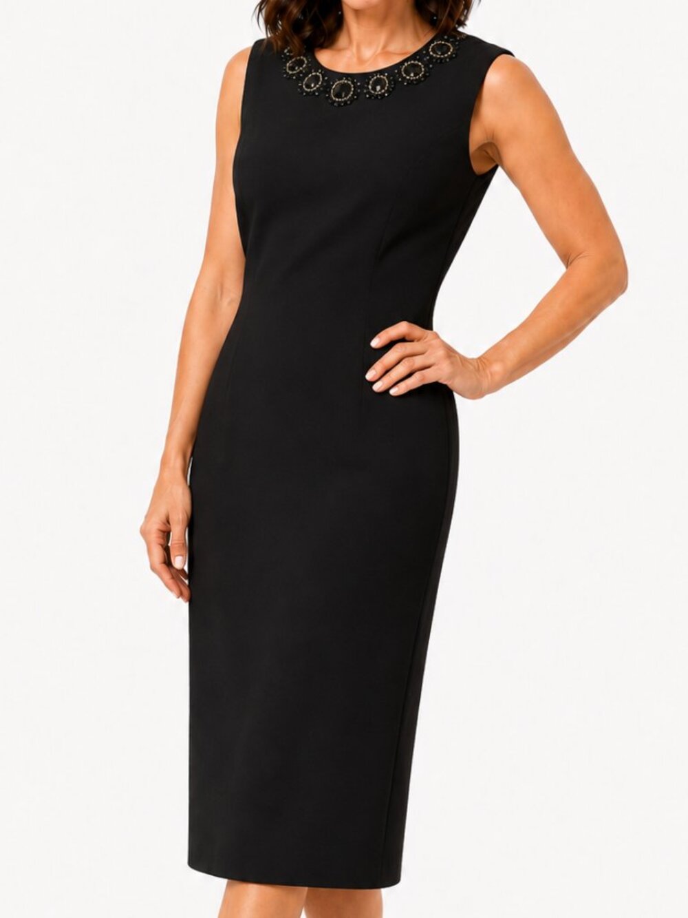 CARMEN MARC VALVO Collection Black Beaded Neck Sheath Dress Size 14